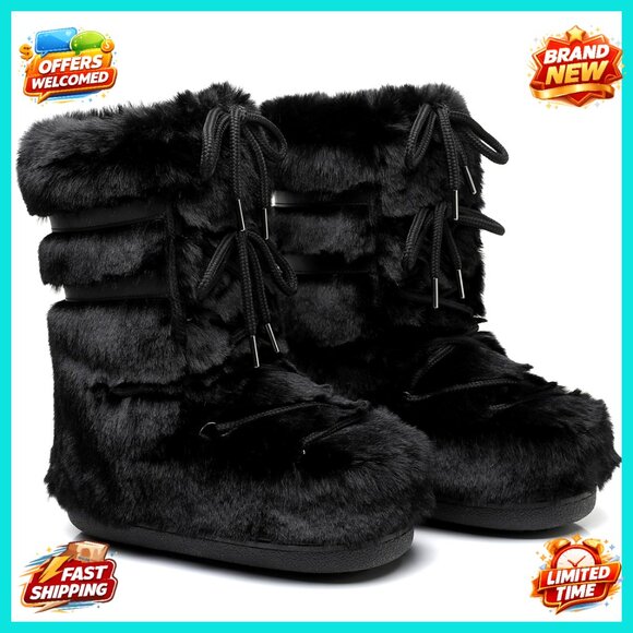 Women's Faux Fur Lined Snow Boots Mid-Calf Lace-Up Waterproof Winter Boots